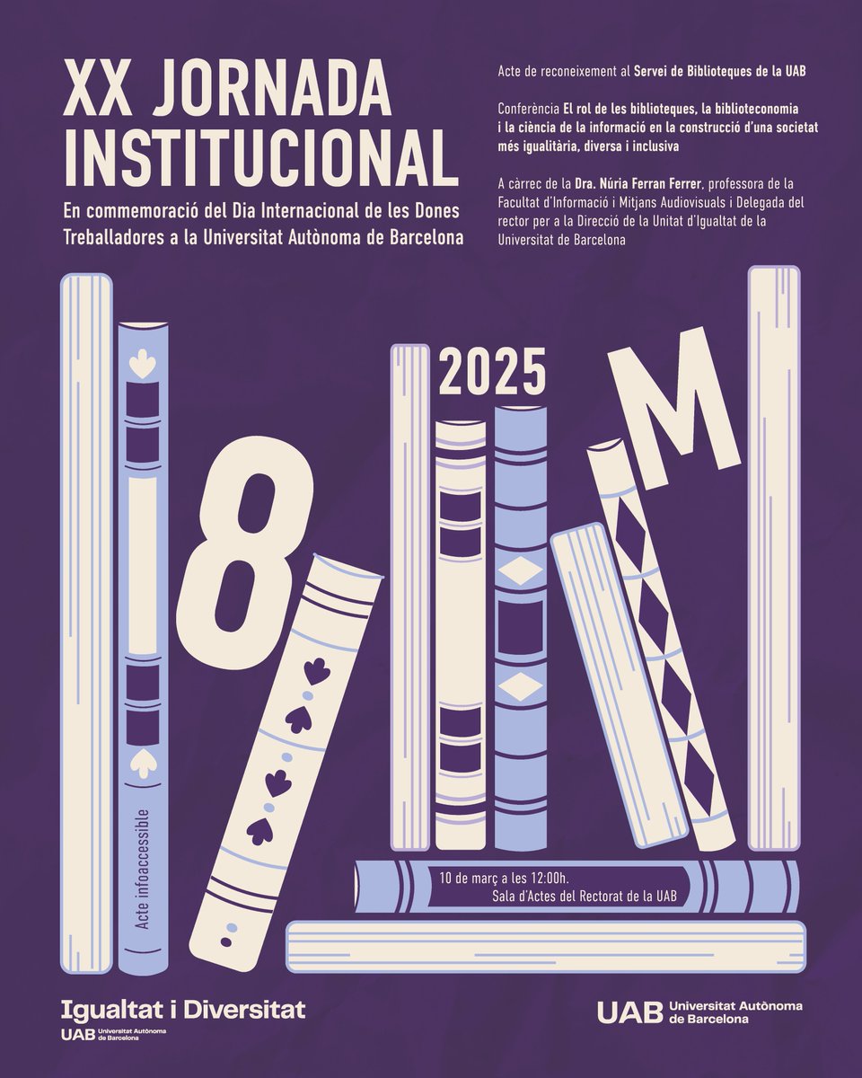 Servei d'Igualtat i Diversitat de la UAB (@igualtat_uab) on Twitter photo X Jornada Institucional en commemoració del Dia Internacional de les Dones Treballadores a la UAB
🗓️10 de març
🕐12:00h
🗺️Sala d'Actes del rectorat
No t'ho perdis i apunta't a: forms.office.com/pages/response…
Per saber-ne més, entra a la nostra web!⭐️ X Jornada Institucional en commemoració del Dia Internacional de les Dones Treballadores a la UAB
🗓️10 de març
🕐12:00h
🗺️Sala d'Actes del rectorat
No t'ho perdis i apunta't a: forms.office.com/pages/response…
Per saber-ne més, entra a la nostra web!⭐️