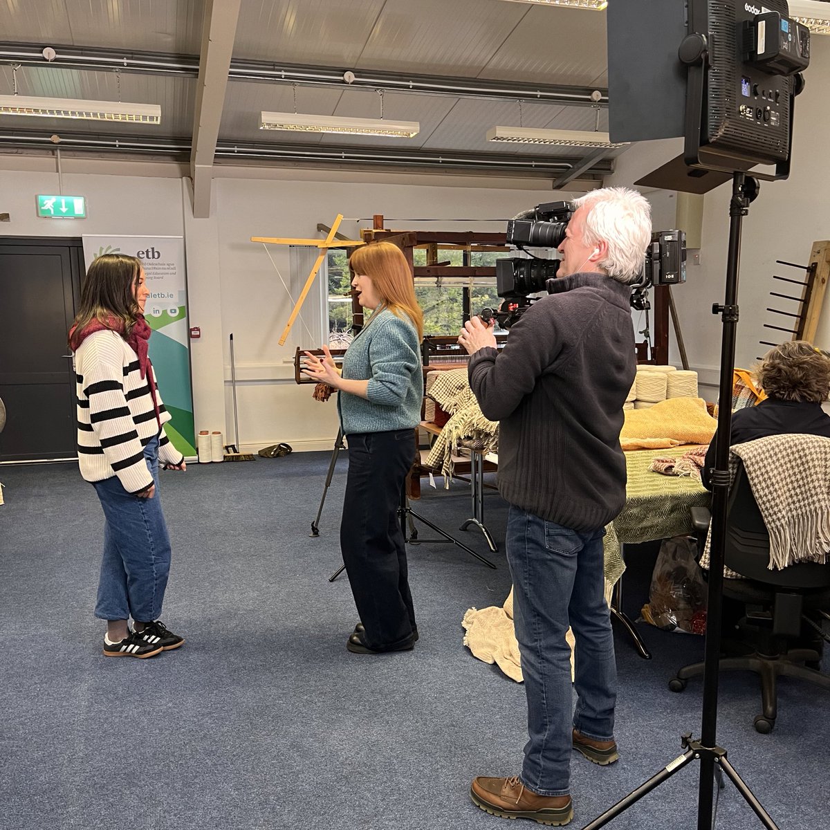 DonegalETB's tweet photo. What an exciting day yesterday for our Donegal Weaving students  (https://t.co/GIlyKepCqF) being filmed and interviewed by the @RTENationwide team (pictured with presenter Bláthnaid Ní Chofaigh)! Tune in at the end of March. 📺 🐑 
#GoFurtherWithDonegalETB #DonegalItsInOurDNA https://t.co/SIodLgKk7r