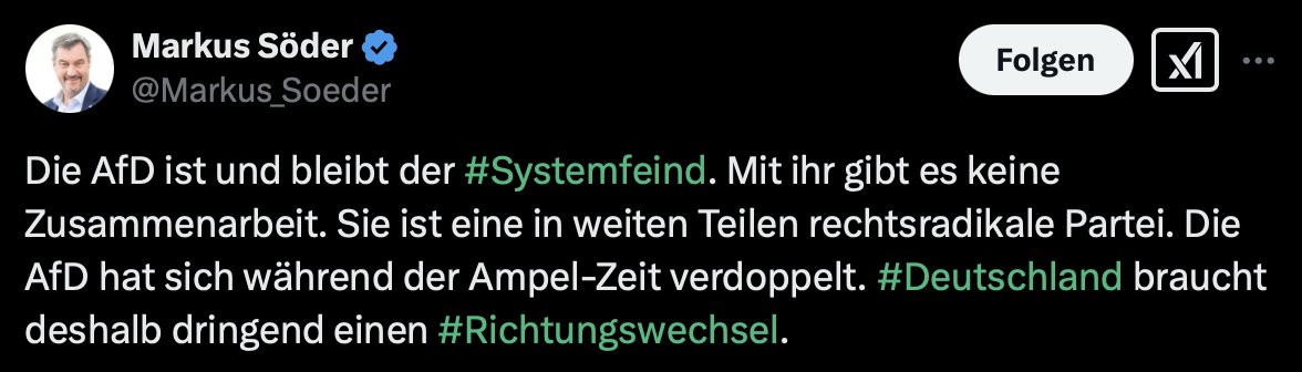 DerPamphletist's tweet photo. @Markus_Soeder Das sind leere Worte solang die Union an der unheiligen #Brandmauer festhält und #Söder lieber die #AFD zum #Systemfeind erklärt anstatt mit ihr zusammen für unsere Sicherheit zu arbeiten! 🤦🏾♂️
Ich wähle #deshalbAFD und #NurNochAfD !🤵🏾♂️💙🇩🇪
#München #Aschaffenburg #Politikwechsel https://t.co/pwo4fYT9gL