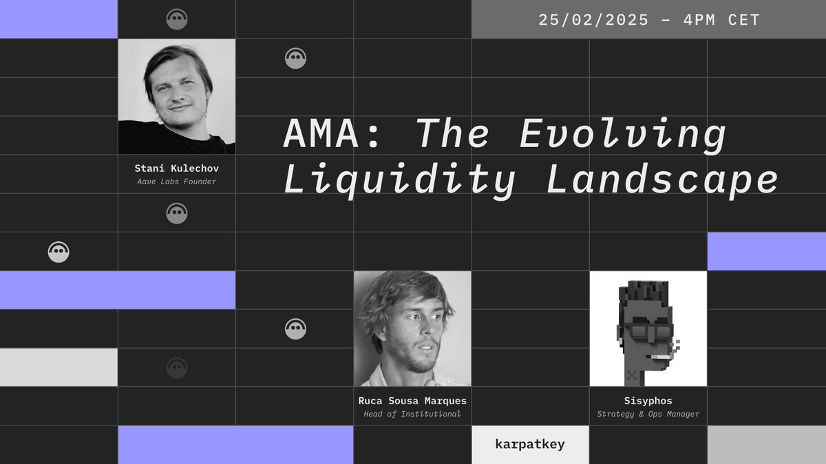 kpk (formerly karpatkey) (@kpk_io) on Twitter photo 🎤 Next week, we’re teaming up with <a href="/StaniKulechov/">Stani.eth</a> to discuss the evolving liquidity landscape and @Aave's upcoming innovations for 2025.
🗯️ Joining us will be <a href="/sisyphos7919/">mrsisyphos.eth</a>, one of our Strategy & Ops Managers, and <a href="/rsousamarques/">ruca.eth 🦇🔊</a>, our Head of Institutional.
🔔 Set the reminder 🎤 Next week, we’re teaming up with <a href="/StaniKulechov/">Stani.eth</a> to discuss the evolving liquidity landscape and @Aave's upcoming innovations for 2025.
🗯️ Joining us will be <a href="/sisyphos7919/">mrsisyphos.eth</a>, one of our Strategy & Ops Managers, and <a href="/rsousamarques/">ruca.eth 🦇🔊</a>, our Head of Institutional.
🔔 Set the reminder