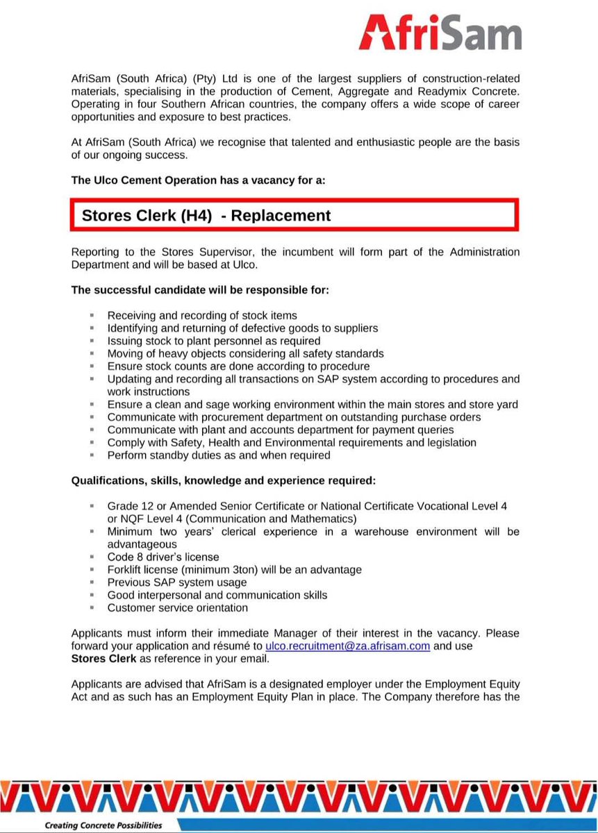 mr_Tebsza's tweet image. Afrisam #UlcoMine
Position: #StoreClerk #Fitter #MaintenanceAssistant

Email: ulco.recruitment@za.afrisam.com 
Closing dates: 21 &amp;amp; 24 Feb25