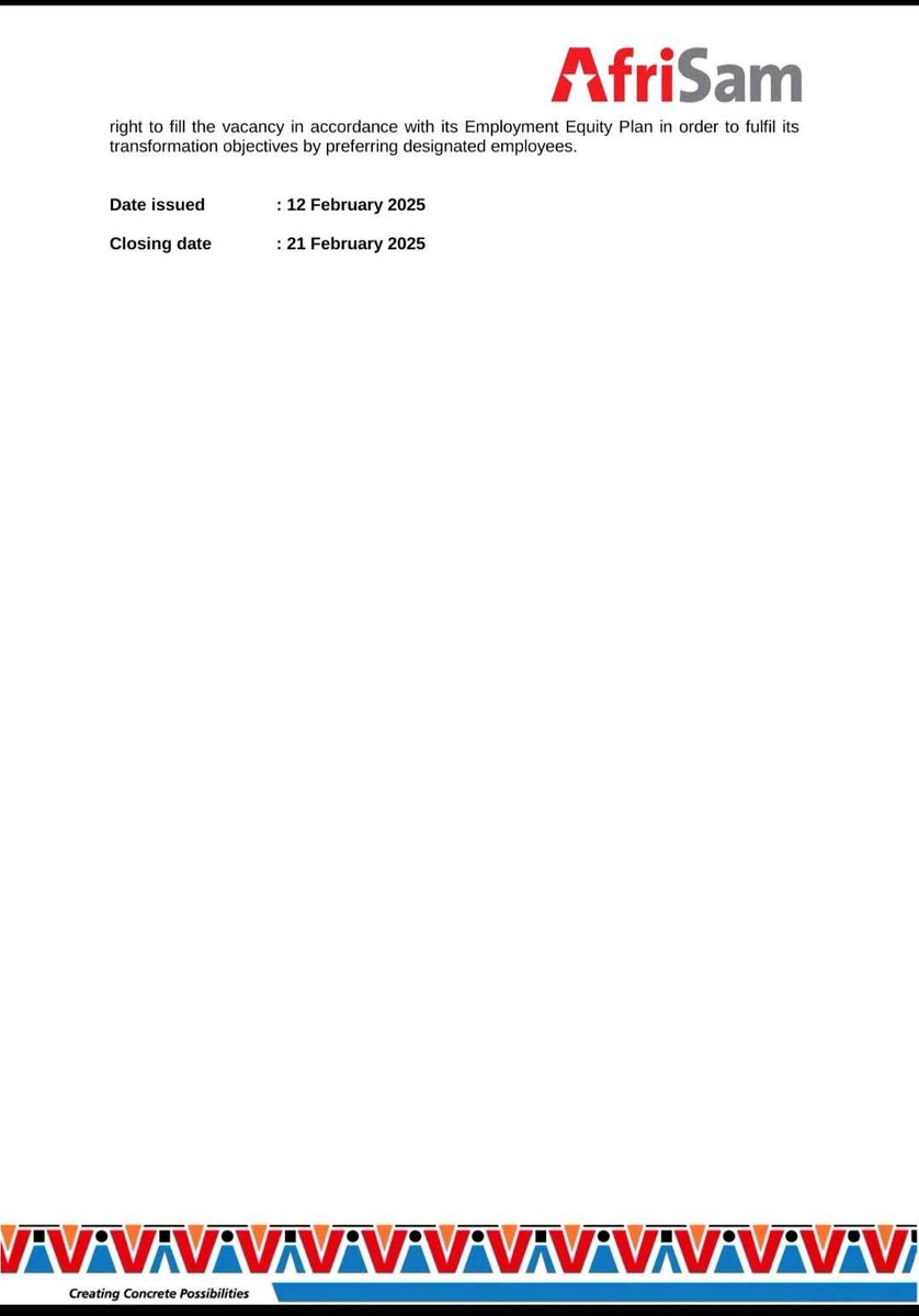 mr_Tebsza's tweet image. Afrisam #UlcoMine
Position: #StoreClerk #Fitter #MaintenanceAssistant

Email: ulco.recruitment@za.afrisam.com 
Closing dates: 21 &amp;amp; 24 Feb25