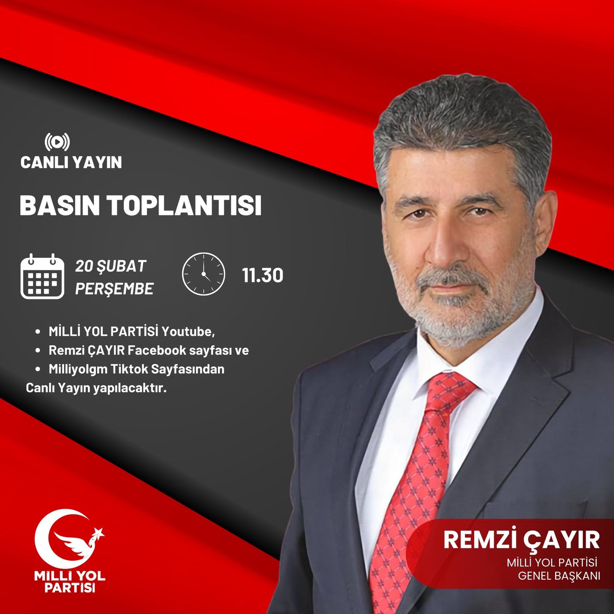 milliyolgm's tweet photo. 20 Şubat Perşembe günü saat: 11:30’da parti genel merkezinde düzenleyeceğimiz basın toplantısı ile ülke ve dünya gündemine ilişkin önemli açıklamalarda bulunacağız.
#basintoplantisi #haber #gündem #milliyolpartisi #remzicayir https://t.co/5Gj5KBtkoL