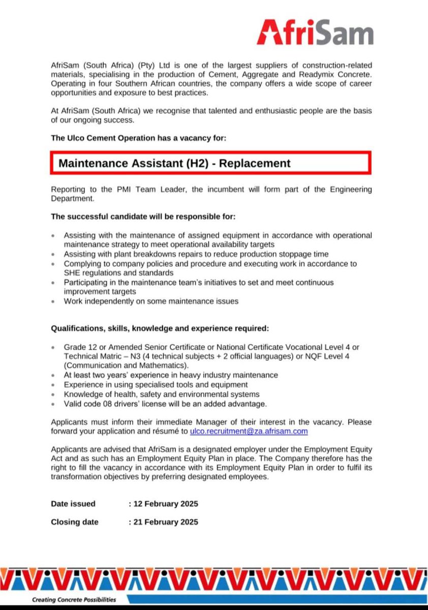 mr_Tebsza's tweet image. Afrisam #UlcoMine
Position: #StoreClerk #Fitter #MaintenanceAssistant

Email: ulco.recruitment@za.afrisam.com 
Closing dates: 21 &amp;amp; 24 Feb25