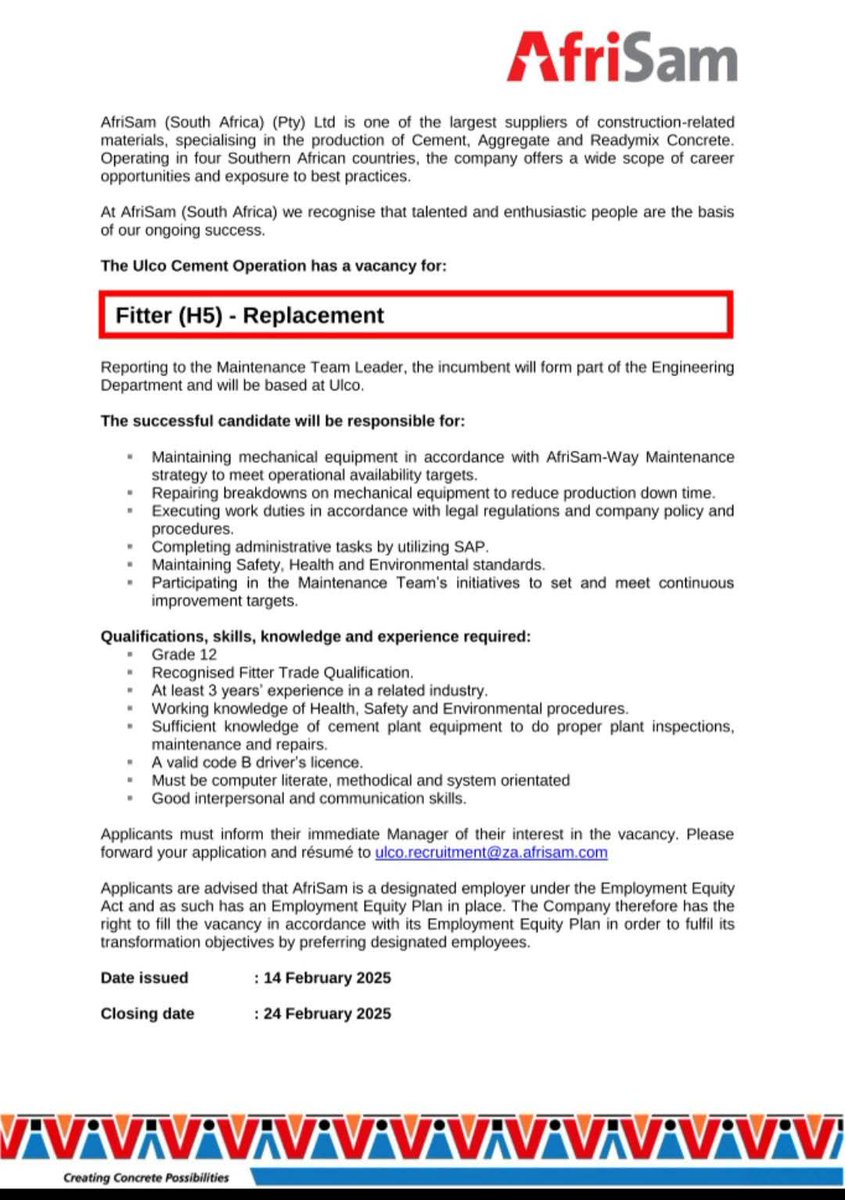 mr_Tebsza's tweet image. Afrisam #UlcoMine
Position: #StoreClerk #Fitter #MaintenanceAssistant

Email: ulco.recruitment@za.afrisam.com 
Closing dates: 21 &amp;amp; 24 Feb25