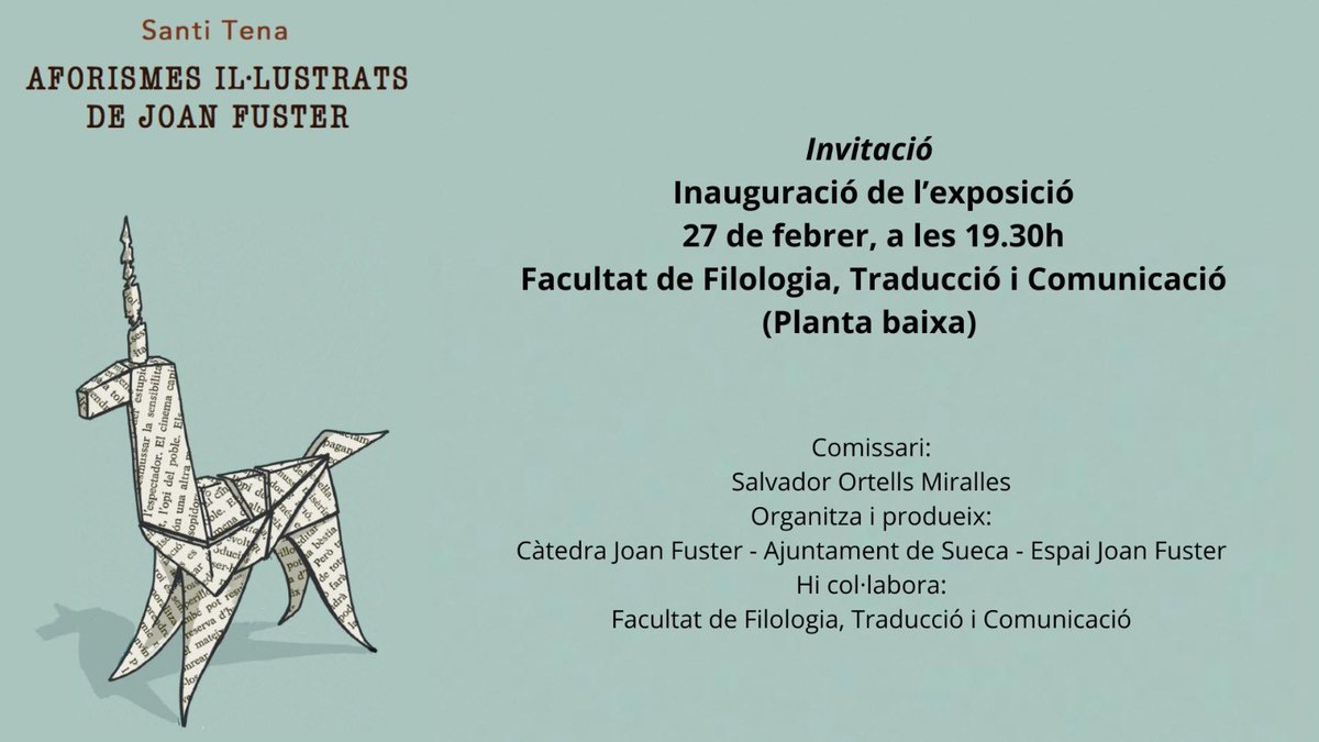 Càtedra Joan Fuster (@catedrafuster) on Twitter photo Dijous 27 de febrer, a les 19.30, s’inaugura l’exposició «Aforismes il·lustrats» a la <a href="/FILTRADCOMUV/">Facultat de filologia, Traducció i Comunicació UV</a>.
Abans, a les 19.00, a l’aula 03, es lliurarà el premi al millor TFG/TFM sobre l’obra de Joan Fuster, obtingut per Diego Albarracín. Dijous 27 de febrer, a les 19.30, s’inaugura l’exposició «Aforismes il·lustrats» a la <a href="/FILTRADCOMUV/">Facultat de filologia, Traducció i Comunicació UV</a>.
Abans, a les 19.00, a l’aula 03, es lliurarà el premi al millor TFG/TFM sobre l’obra de Joan Fuster, obtingut per Diego Albarracín.