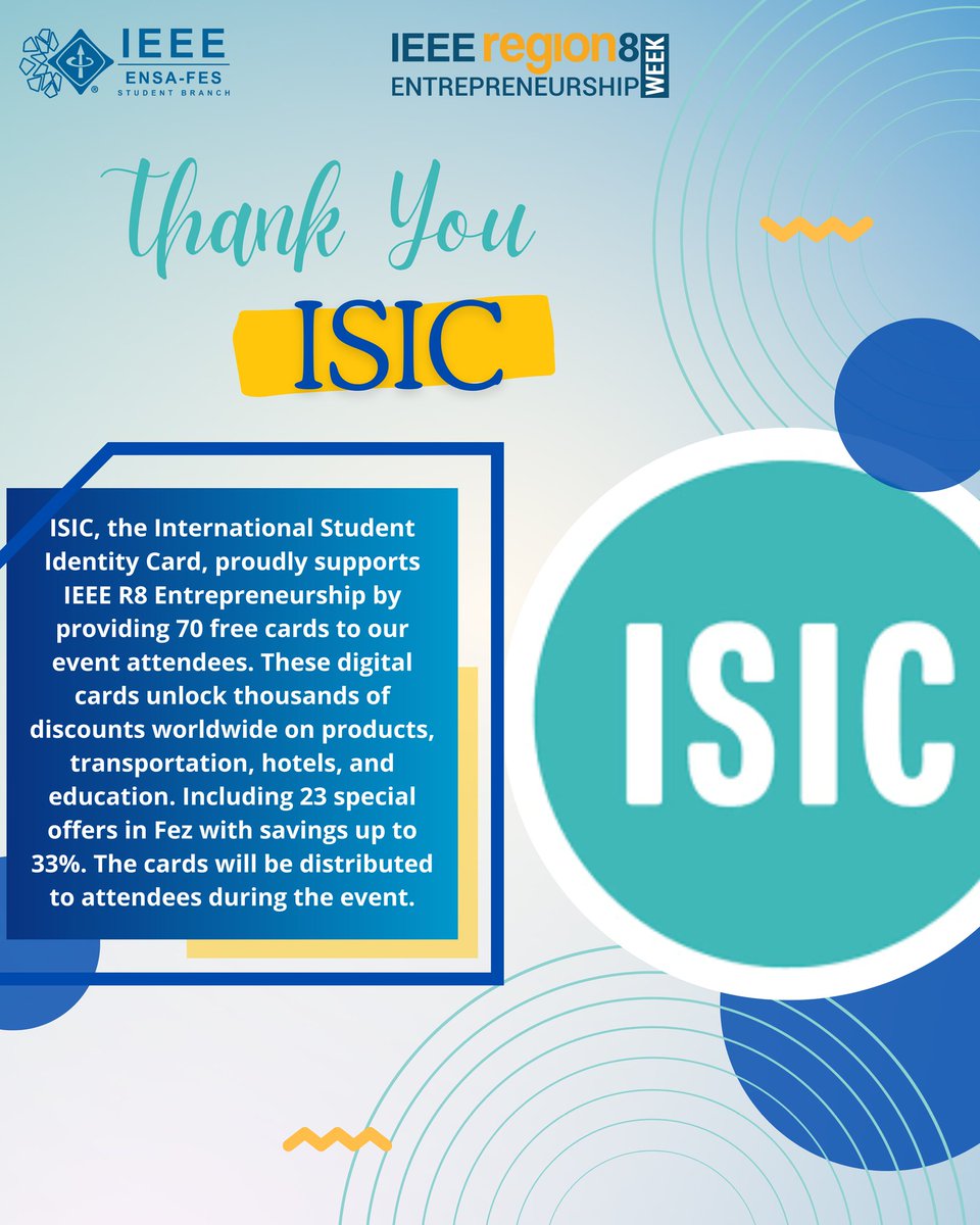 IEEEENSAFSB's tweet image. 🚀 Exciting news! ISIC is giving 70 FREE digital student cards to IEEE R8 Entrepreneurship attendees! 🎓💳 Enjoy global discounts on transport, hotels, and more—plus 23 exclusive offers in Fez with savings up to 33%! 🌍💰 Don&apos;t miss out! 🔥🙌 #IEEE #ISIC #StudentPerks #Fez