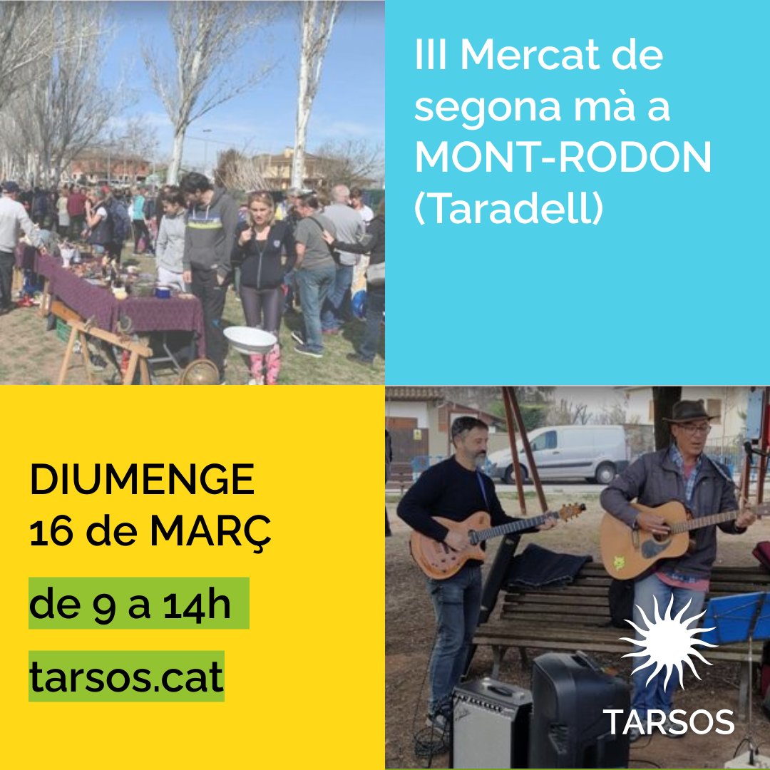 III MERCAT SEGONA MÀ-MONT-RODON (TARADELL)
DIA: Diumenge-16 març-2025
HORA DEL MERCAT: de les 9 a les 14 h
LLOC: al costat de la pista del barri de Mont-rodon 
Preu: ZERO euros
+info tarsos.cat/2025/02/15/iii…
<a href="/AjTaradell/">Ajuntament de Taradell</a> <a href="/rtaradell/">Ràdio Taradell</a> <a href="/Taradell/">Taradell.com</a> <a href="/osonaenergia/">OECOOP</a> 
#SegonaMà 
#Reutilitza