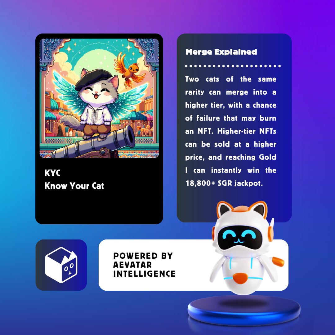 😼 KYC - Know Your Cat | Merge Explained

🔥 Merge 2 cats of the same rarity to level up! 

😻 Sell higher-tier NFTs for a higher price, and hit Gold I to win the 18,800+ SGR jackpot!

👆 Tap the "Merge" button &amp; adopt a Schrodinger's Cat at: t.me/scat_game_bot