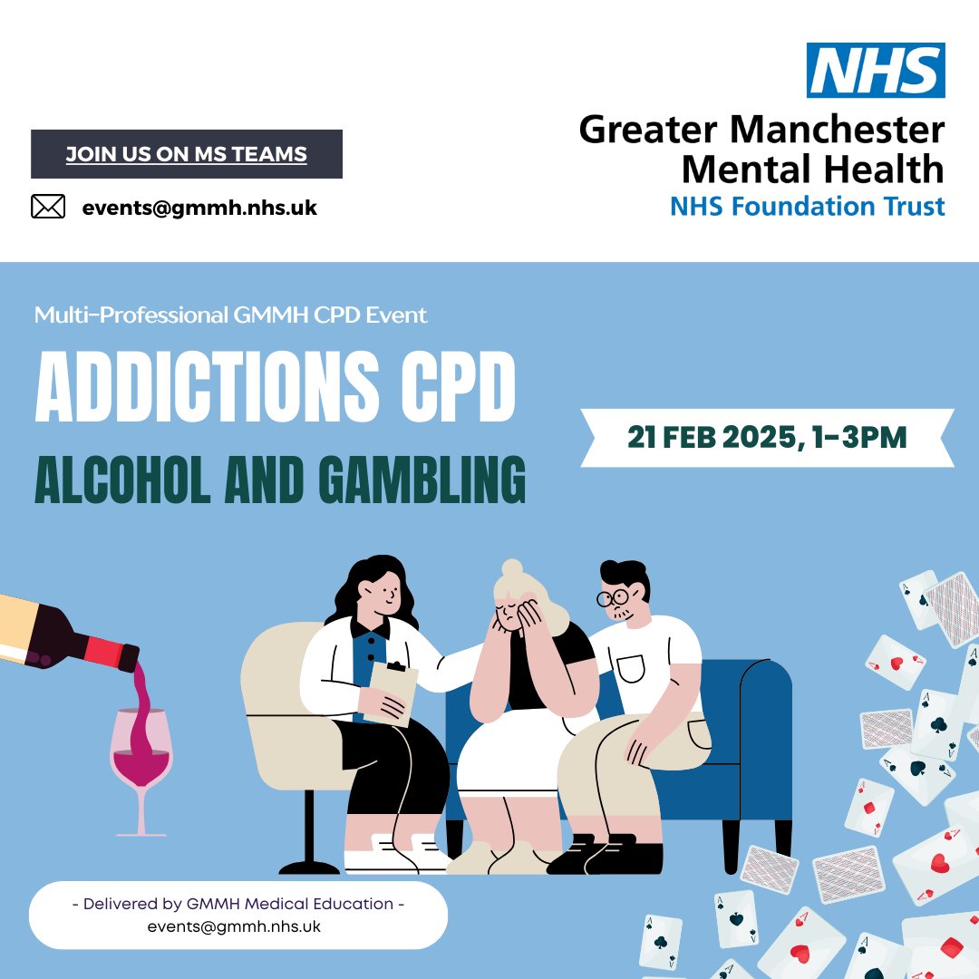 Medical Education (@samabbottgmmh) on Twitter photo This Friday's CPD session will focus on #addictions related topics- alcohol and gambling. All <a href="/GMMH_NHS/">Greater Manchester Mental Health</a> colleagues are welcome to join us on MS Teams on Friday.🔍 #GMMHMedEd #MedEdTrustTraining This Friday's CPD session will focus on #addictions related topics- alcohol and gambling. All <a href="/GMMH_NHS/">Greater Manchester Mental Health</a> colleagues are welcome to join us on MS Teams on Friday.🔍 #GMMHMedEd #MedEdTrustTraining