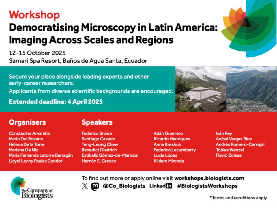 The Company of Biologists (@co_biologists) on Twitter photo Early-career researchers can still apply for a funded place at 'Democratising Microscopy in Latin America: Imaging Across Scales and Regions' Workshop organised by <a href="/mariana_deniz/">Mariana De Niz 🌎🥼🎧🔬</a> <a href="/_mariod/">Mario Del Rosario</a> <a href="/licyel/">Licyel Paulas</a> Helena De la Torre, Constadina Arvanitis, María Fernanda
biologists.com/workshops/glob… Early-career researchers can still apply for a funded place at 'Democratising Microscopy in Latin America: Imaging Across Scales and Regions' Workshop organised by <a href="/mariana_deniz/">Mariana De Niz 🌎🥼🎧🔬</a> <a href="/_mariod/">Mario Del Rosario</a> <a href="/licyel/">Licyel Paulas</a> Helena De la Torre, Constadina Arvanitis, María Fernanda
biologists.com/workshops/glob…