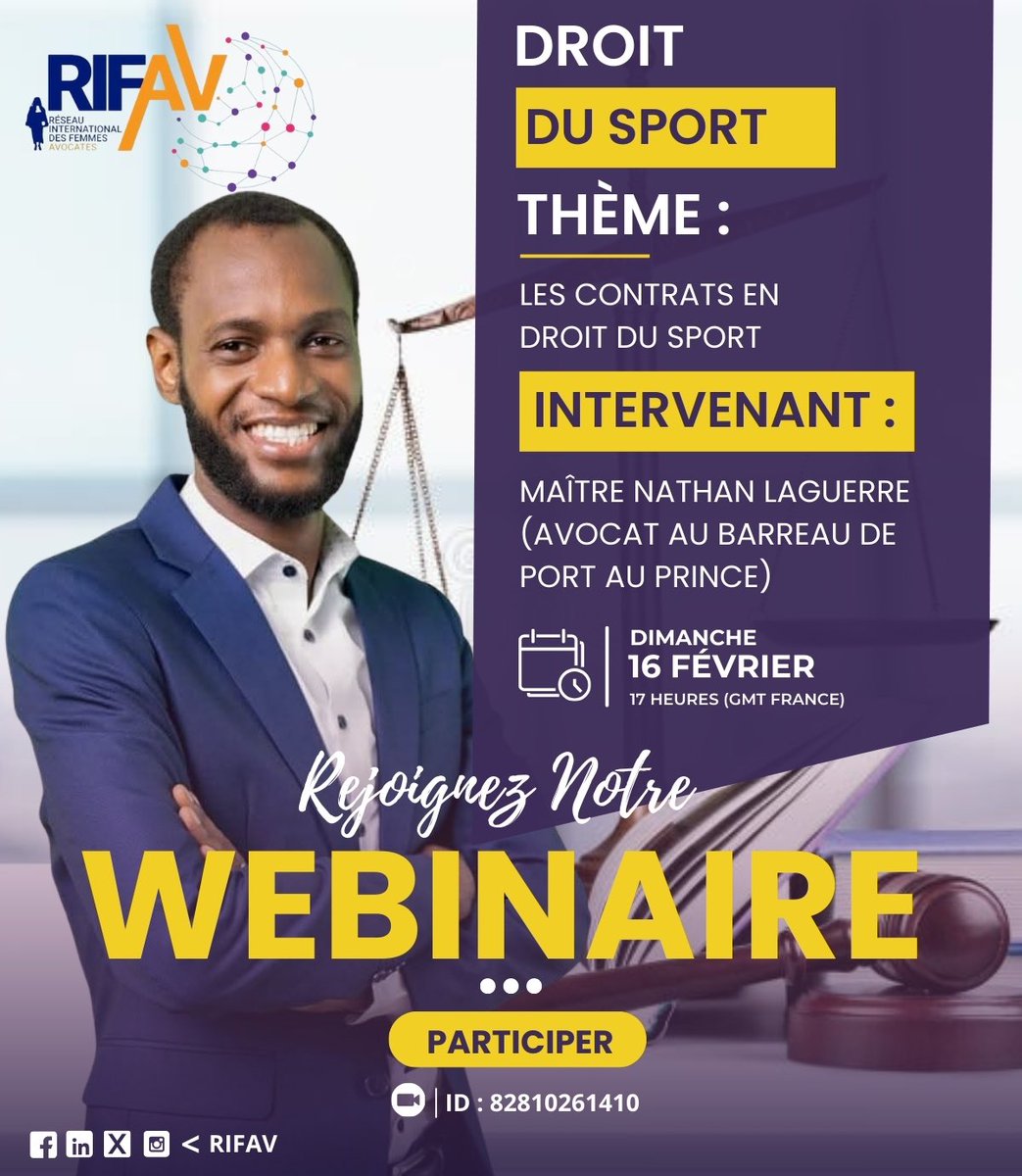 rifav44941's tweet photo. 𝐖𝐄𝐁𝐈𝐍𝐀𝐈𝐑𝐄 : 𝐃𝐑𝐎𝐈𝐓 𝐃𝐔 𝐒𝐏𝐎𝐑𝐓 #𝟐
Retour en image de notre Webinaire du 16 Février 2025, portant sur le Droit du Sport : « Les Contrats en Droit du Sport », animée par Maitre Nathan Laguerre, Avocat au Barreau du Port au Prince.
#rifav #webinaire https://t.co/0r2Ddoouqy