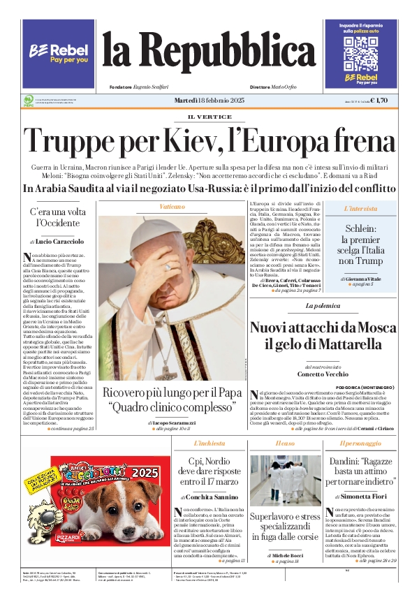 repubblica's tweet photo. La prima pagina di oggi #18february https://t.co/LZaZp2Gm1r 📰 https://t.co/3IUo8dMgHd