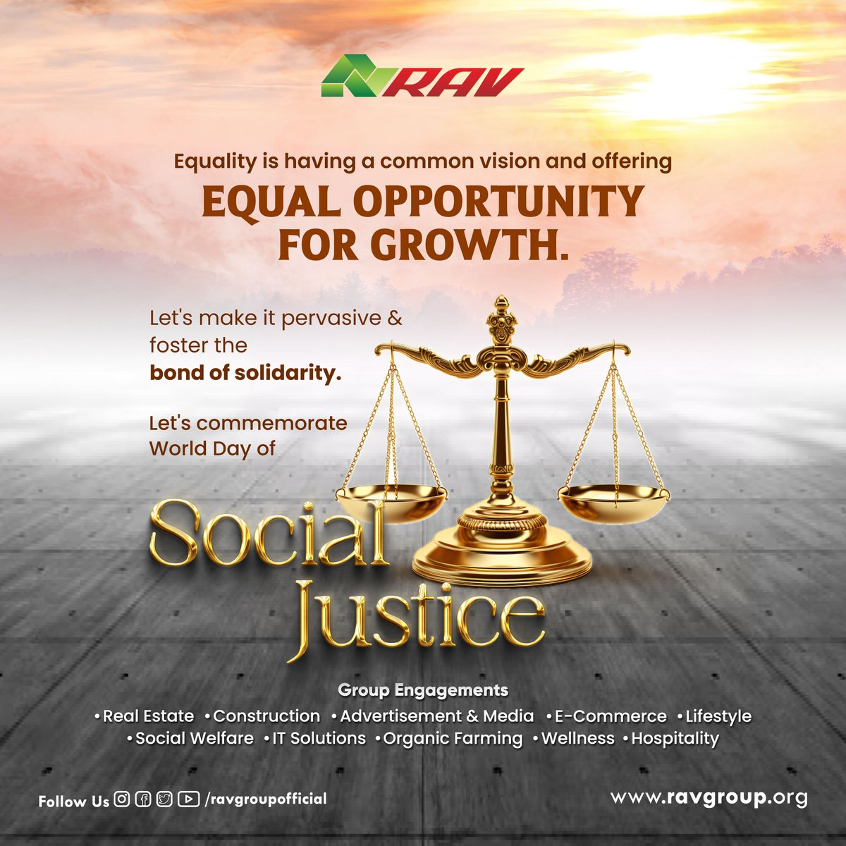 RAVGroupOficial's tweet photo. 🌍✨ Promoting Social Justice for a Better Tomorrow!⚖️
Join us in commemorating World Day of Social Justice and fostering a society where everyone thrives! 🌱
#SocialJustice #EqualityForAll #RAVGroup #JusticeForGrowth #Fairness #Solidarity #Empowerment https://t.co/HEeELxNDsH