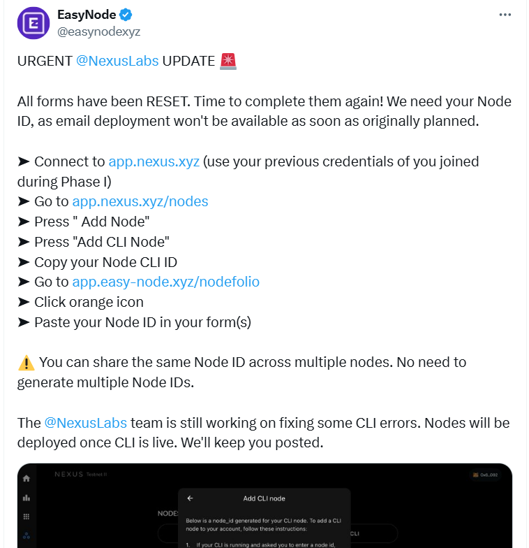 deep2025sus's tweet photo. Urgent update from @easynodexyz

All forms have been RESET. Time to complete them again! We need your Node ID, as email deployment won't be available as soon as originally planned

➤ Connect to https://t.co/WffzXJKXU4 (use your previous credentials of you joined during Phase I) https://t.co/W0GhISqN09