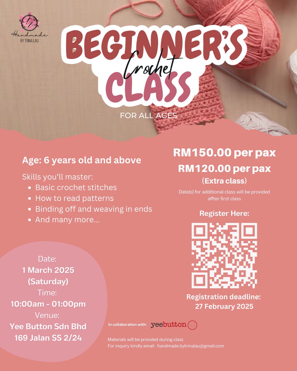 handmadebyTL's tweet photo. Missed our February classes? No worries! We’re bringing back our Beginner’s Crochet Classes this March!
Scan QR code on poster to register or link available on bio.
#crochetclass #crochetmalaysia #learncrochet #crochettutorial #beginnersclass #signupnow #crocheting #fyp https://t.co/aMuM7oWFmJ