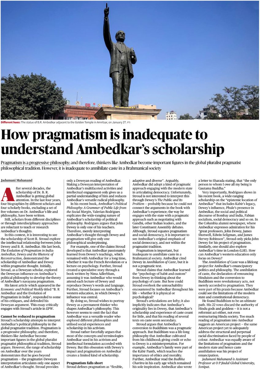 How pragmatism is inadequate to understand Ambedkar’s scholarship 
My article today in <a href="/the_hindu/">The Hindu</a> <a href="/vrsrini/">Srinivasan Ramani</a>. Let me know your thoughts. 
thehindu.com/specials/text-…