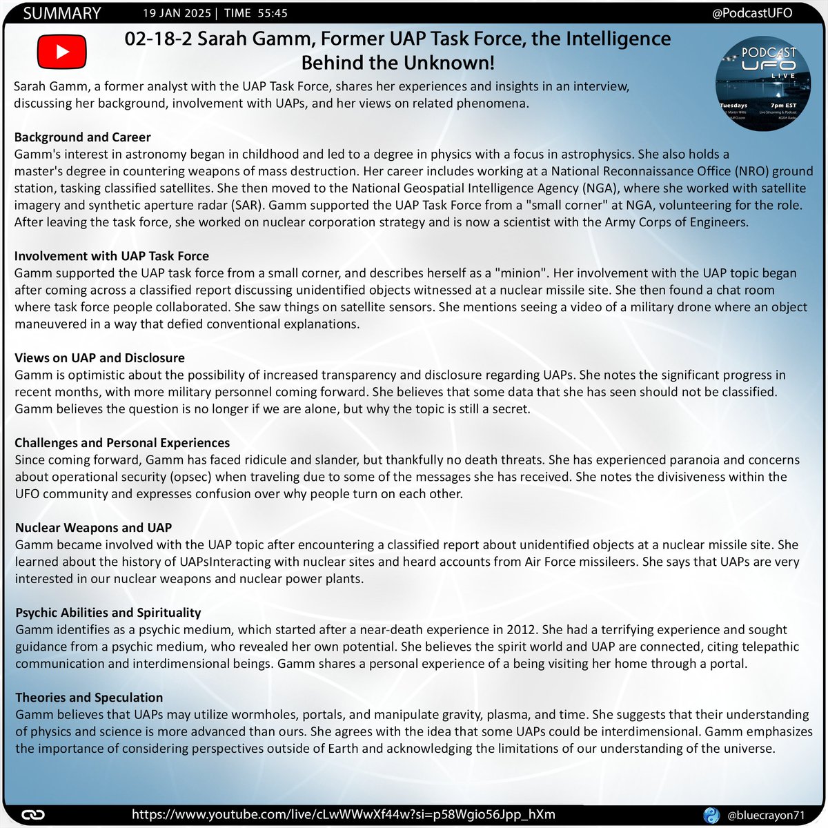 bluecrayon71's tweet image. 02-18-2 Sarah Gamm, Former UAP Task Force, the Intelligence Behind the Unknown! @PodcastUFO 

🔗 youtube.com/live/cLwWWwXf4…

#UAPTaskForce #SarahGamm #UAPDisclosure #UFOTwitter #Astronomy #NationalReconnaissanceOffice #NationalGeospatialIntelligenceAgency #SyntheticApertureRadar