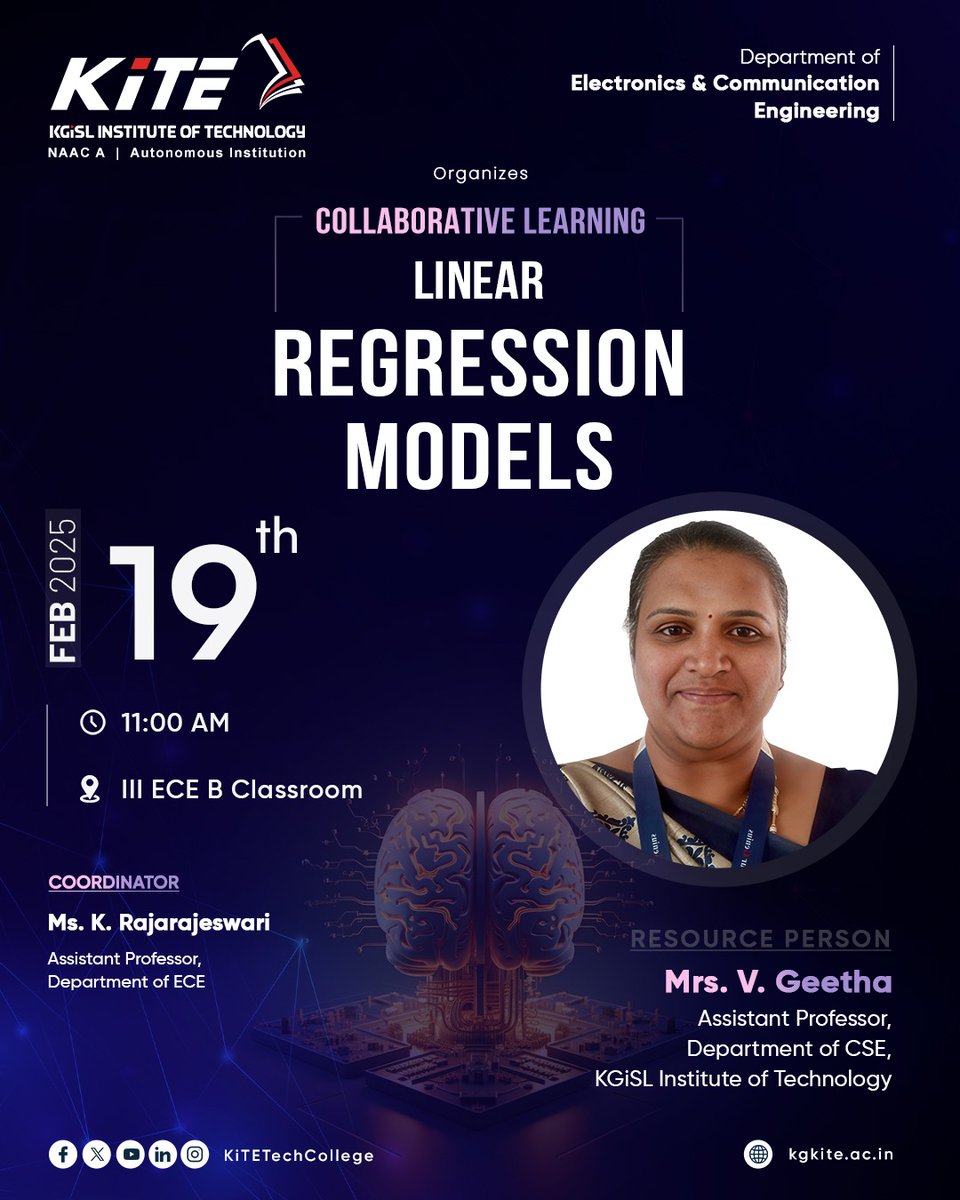 KiTETechCollege's tweet image. The Department of Electronics &amp;amp; Communication Engineering at KITE is organizing a collaborative learning session on Linear Regression Models on February 19, 2025, at 11:00 AM in the III ECE B Classroom.

#LinearRegression #CollaborativeLearning #KITE
