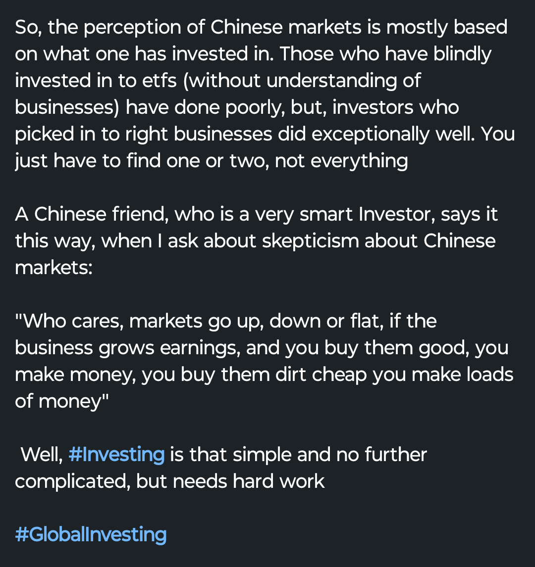MindofManish's tweet photo. Chinese Investments:
Often you see diverse opinions on #ChineseMarkets and Investments. Some keeping a pole distance, and others having made big gains sees a great opportunity
Having Invested and known #China. Here is a balanced view
#GlobalInvesting https://t.co/MZc5ZpSrJL