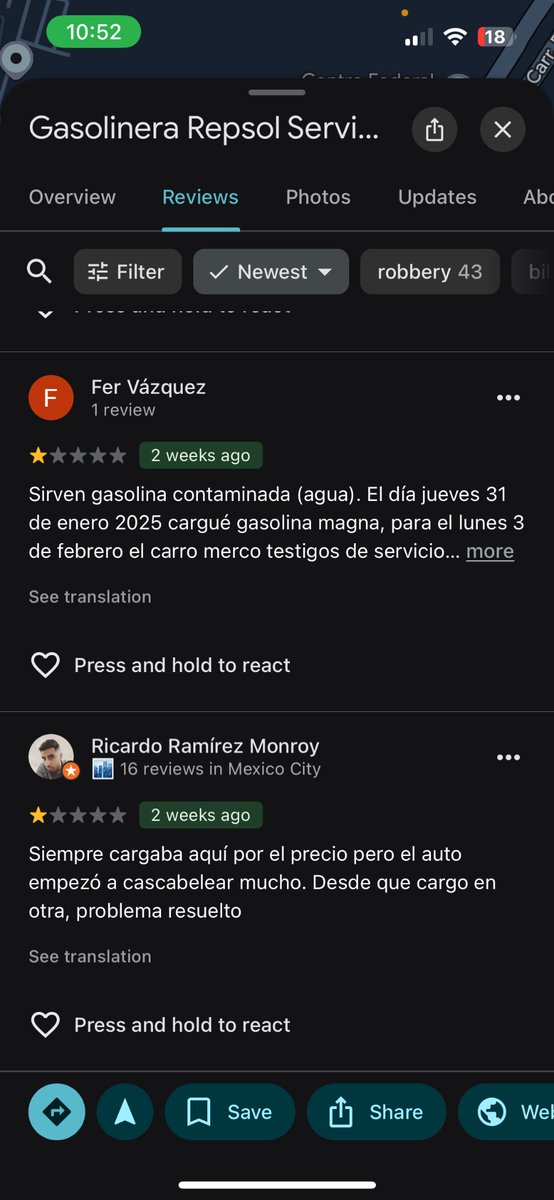 TheSkyrexMC's tweet photo. Parece común que en la gasolinerías @repsolmexico estén despachando gasolina rebajada con agua, recién me sucede y me meto a revisar las reseñas de 3 gasolinerías de estas cerca de mí y de 3 meses para acá comentarios de lo mismo. @Profeco https://t.co/M9MkdXLYBQ