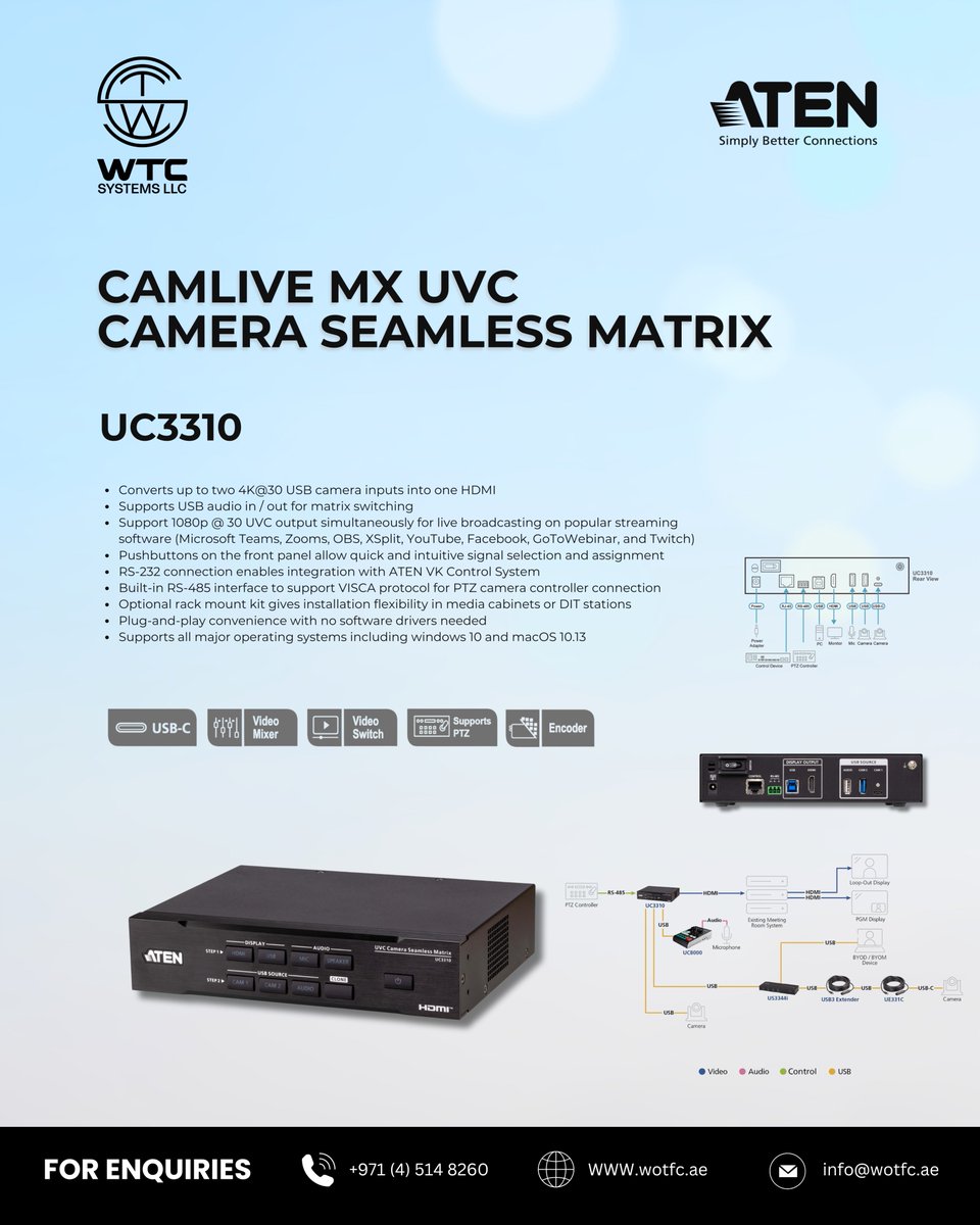 WTC_SYSTEMS_LLC's tweet image. UC3310 – Seamless Camera Switching for Professional Live Streaming!

For Enquiries: +971 (4) 514 8260
wotfc.ae
Email: info@wotfc.ae

 #wtcsystems #ATEN #UC3310 #LiveStreaming #VideoProduction #ContentCreation #CameraSwitcher #ProfessionalAV #BroadcastSolutions