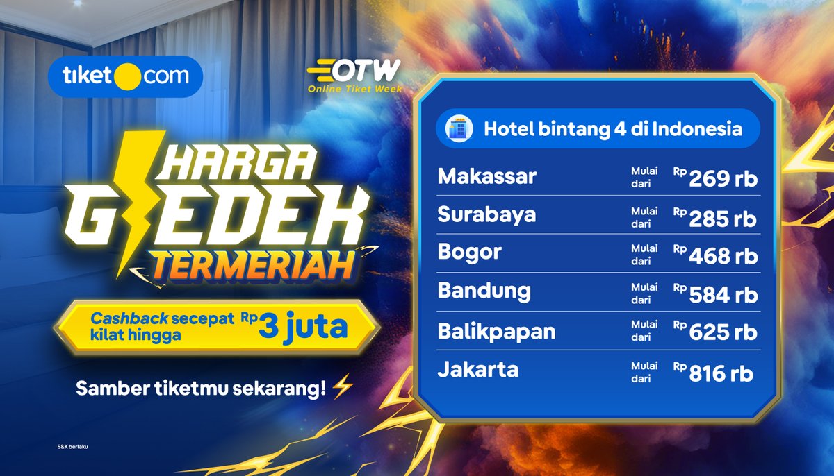 tiket's tweet photo. HARGA GLEDEK TERMERIAH NYAMBER BANYAK HOTEL DI INDONESIA! β‘
HARI PERTAMA Online Tiket Week, timin bocorin harga hotel-hotel di Indonesia buat liburan murah meriah!
https://t.co/yv8OTMSHhc
Jangan lupa LIKE, SAVE & SHARE, ya!β€οΈ
#OnlineTiketWeek #OTWpromo #HargaGledekTermeriah https://t.co/ax3sZ59qmY