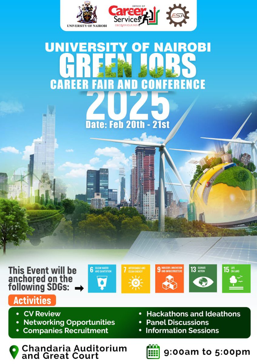 Green Jobs Career Fair &amp; Conference!

 #GreenJobs Career Fair &amp; Conference tomorrow Thursday &amp; Friday at University of Nairobi Manu Chandaria 

Exhibitions at main campus
In line with <a href="/uonbi/">University of Nairobi</a> Chancellor’s Big5 Agenda, come see emerging trends and opportunities in the Green Economy