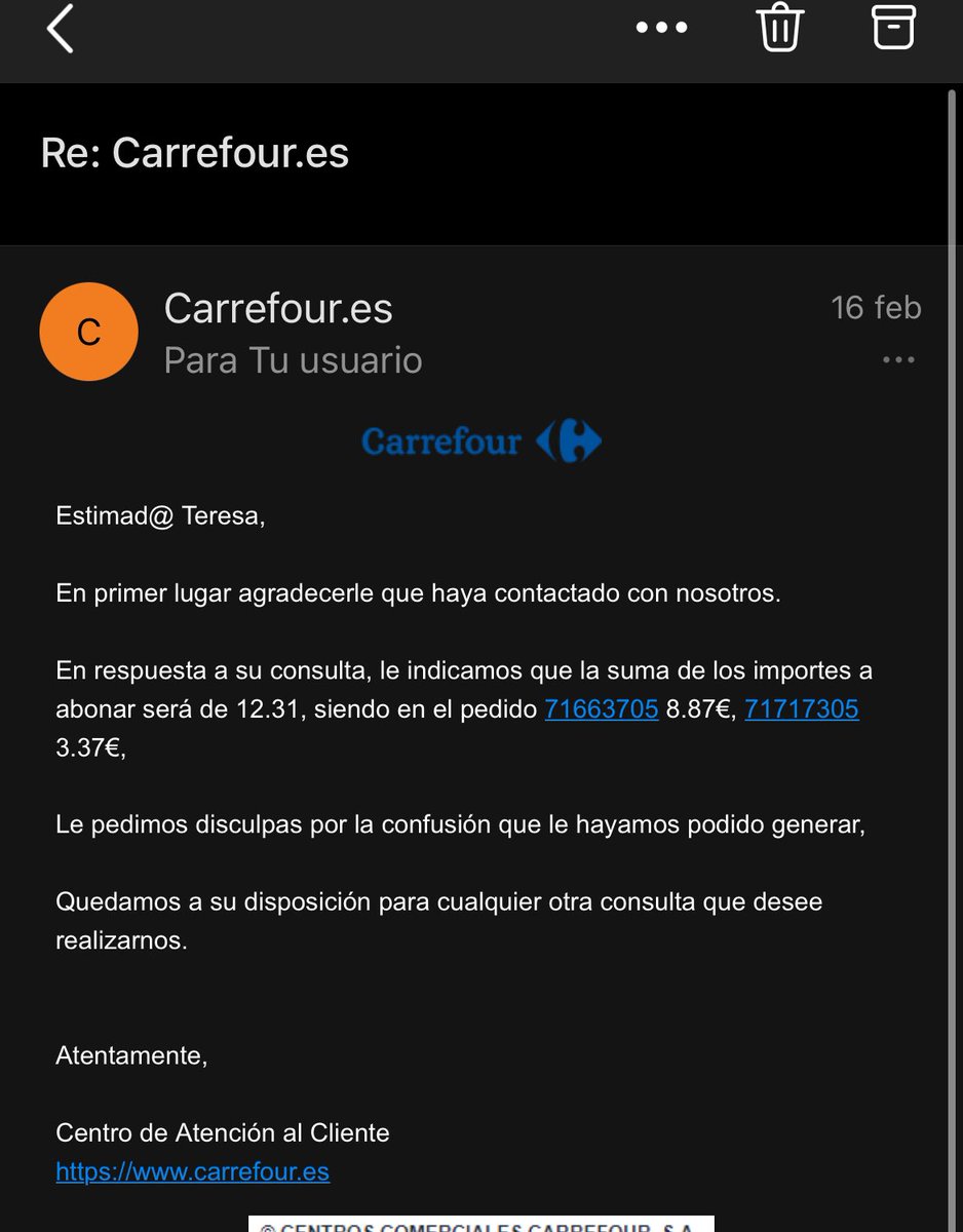 MissMuoz1's tweet photo. @CRFresponde Vuestros compañeros dicen por email una cosa pero hacen otra, me habeis devuelto el inporte de la diferencia de precio del articulo. Los gastos de envios no. 3 vez que reclamo y nada.
Esto me indicais por email pero no lo haceis. https://t.co/DbUR0b2N2s
