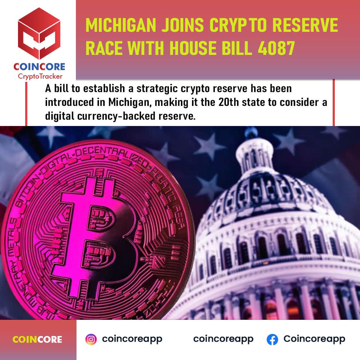 Coincoreapp's tweet photo. A bill to establish a strategic crypto reserve has been introduced in Michigan, making it the 20th state to consider a digital currency-backed reserve. 

#coincore #crypto #cryptocurrency #btc #bnb #cryptobill #money https://t.co/fWBmVidZZL