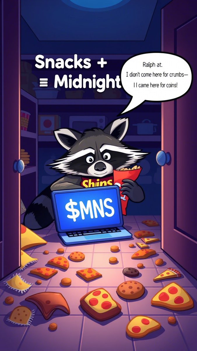 MidSnackCoin's tweet photo. Ralph the Raccoon discovered crypto during a midnight snack run. Now, he's turning late-night cravings into $MNS magic! 🦊🍪

Because snacks + crypto = pure genius. Who says you can’t snack your way to success? 😋✨

Join the revolution: @MidSnackCoin https://t.co/5S0eTrOnHE
