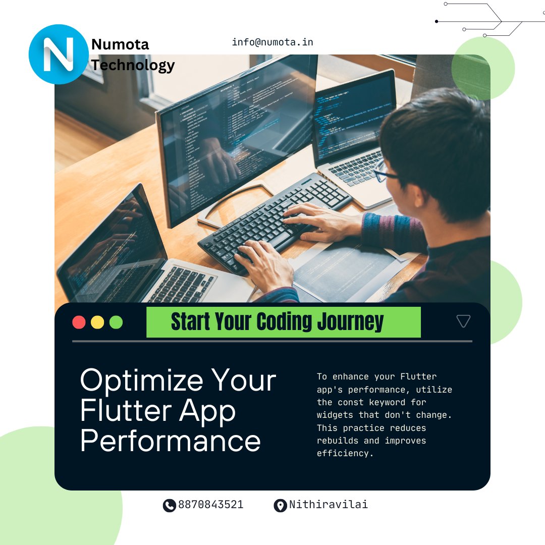 NumotaOfficial's tweet image. 🚀 Tech Tip: Optimize Your Flutter App Performance! 🔥 | Numota Technology
Want your Flutter apps to run faster & smoother? Follow these tips to boost performance! ⚡📱
💡 Implement these tricks and enhance your Flutter apps!
#FlutterPerformance #NumotaTechnology #TechTips