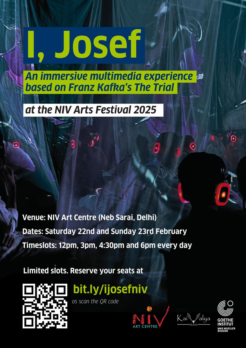Kaivalya Plays (@kaivalyaplays) on Twitter photo This weekend in New Delhi, experience the labyrinthine world of Franz Kafka in I, JOSEF 🎧 an immersive multimedia experience based on 'The Trial', presented by <a href="/kaivalyaplays/">Kaivalya Plays</a> and <a href="/GI_MMB_NewDelhi/">Goethe-Institut / Max Mueller Bhavan New Delhi</a> at NIV Arts Festival 2025. Tickets: bit.ly/ijosefniv
#theatre #kafka This weekend in New Delhi, experience the labyrinthine world of Franz Kafka in I, JOSEF 🎧 an immersive multimedia experience based on 'The Trial', presented by <a href="/kaivalyaplays/">Kaivalya Plays</a> and <a href="/GI_MMB_NewDelhi/">Goethe-Institut / Max Mueller Bhavan New Delhi</a> at NIV Arts Festival 2025. Tickets: bit.ly/ijosefniv
#theatre #kafka