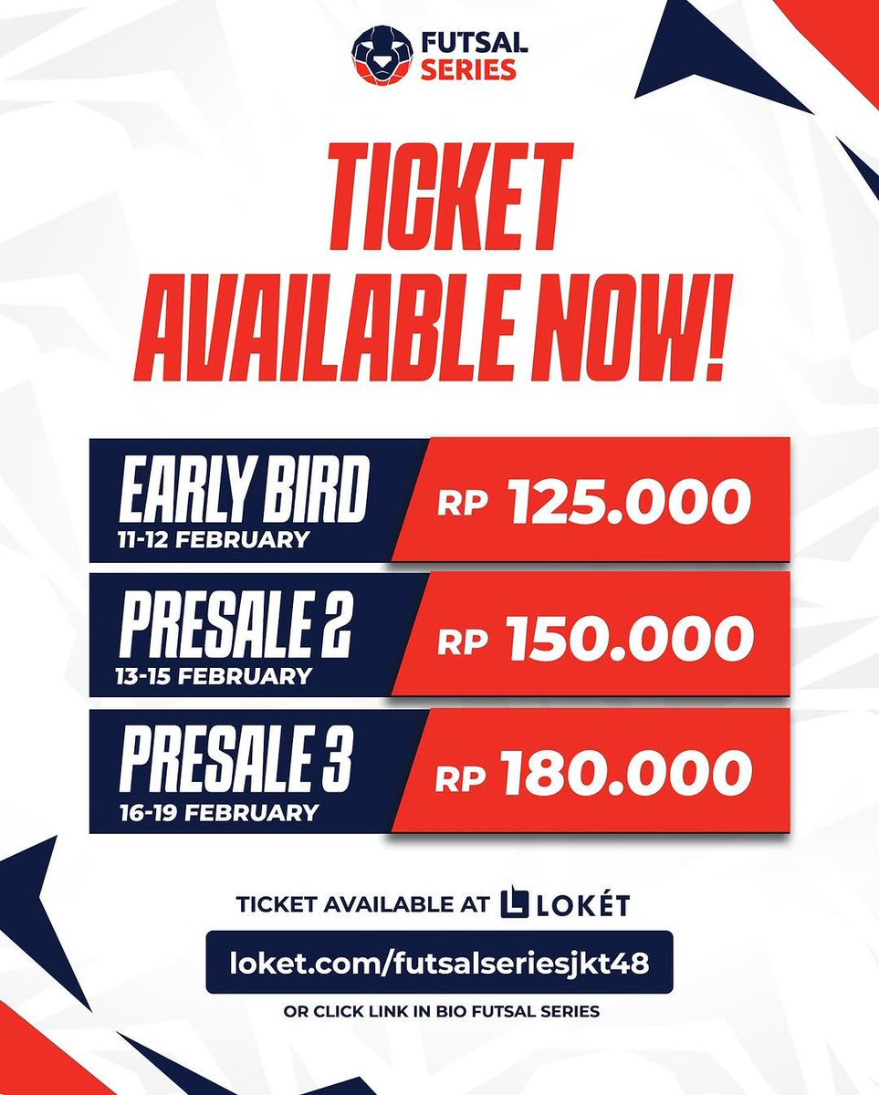 berita48_'s tweet photo. Jangan sampai kelewatan! Segera amankan tiketmu sekarang di https://t.co/x0MDQMCMFs atau klik link di bio Futsal Series!
#FutsalSeries
#Berita48 https://t.co/r10Jd9UseG