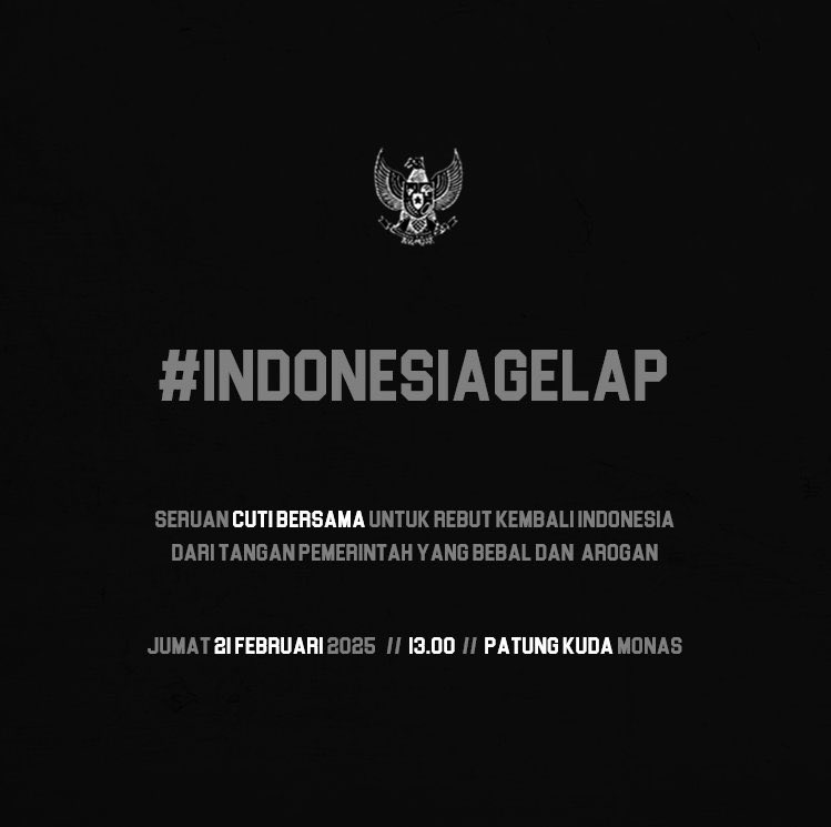 barengwarga's tweet photo. Seruan cuti bersama #IndonesiaGelap.
 21 Februari 2025 📍 Patung Kuda Monas. https://t.co/xz4HB9gtuF