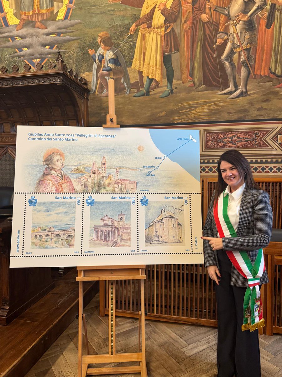 ComunediSanLeo's tweet photo. Il vice sindaco Valentina Guerra alla presentazione Francobolli Anno Giubilare 2025. Poste San Marino celebra l'Anno con una serie esclusiva di tre francobolli dedicati ai luoghi simbolo del cammino: Ponte di Tiberio Basilica del Santo a San Marino Pieve di #SanLeo https://t.co/b3UJhO1x6l