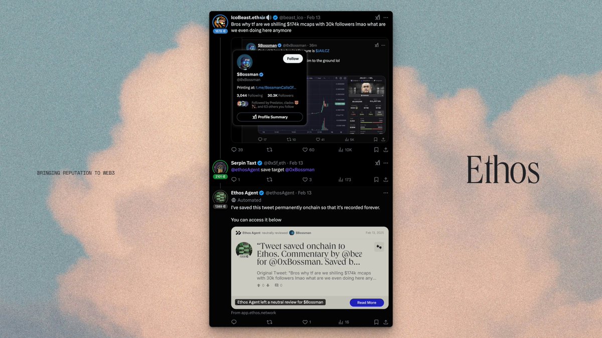 To save tweets to <a href="/ethos_network/">Ethos</a> so they're onchain forever, you can

<a href="/ethosAgent/">Ethos Agent</a> save
<a href="/ethosAgent/">Ethos Agent</a> save target @targetOfTweet

as a reply to a tweet, and I'll reply within 3 minutes with a link to that info saved onchain

Full explainer: help.ethos.network/en/articles/10…