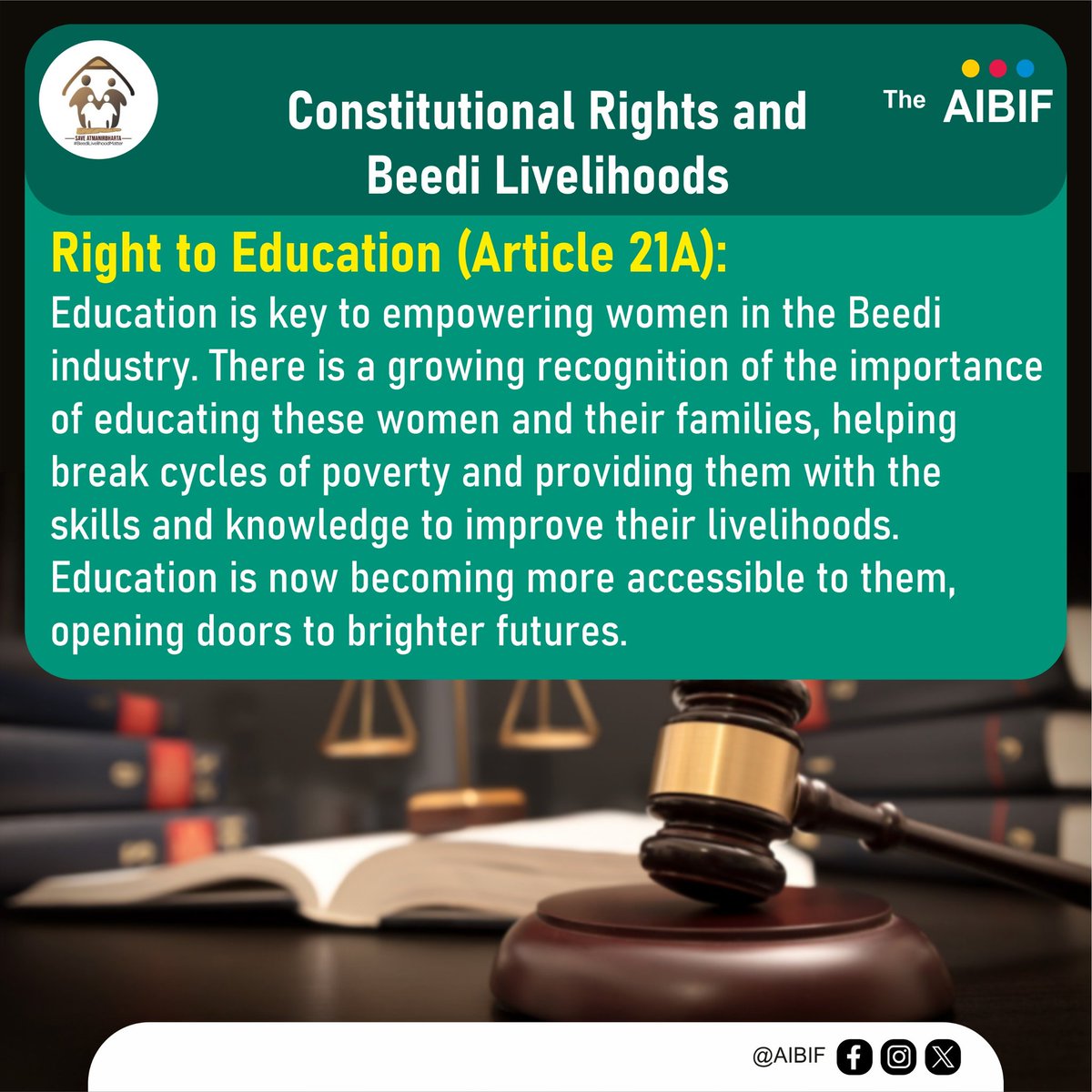 Article 21A guarantees the Right to Education, ensuring that every child, including those from beedi workers' families, has access to learning and a brighter future.

📖 Education empowers. Livelihood sustains. Let’s advocate for better wages, social security, and support to