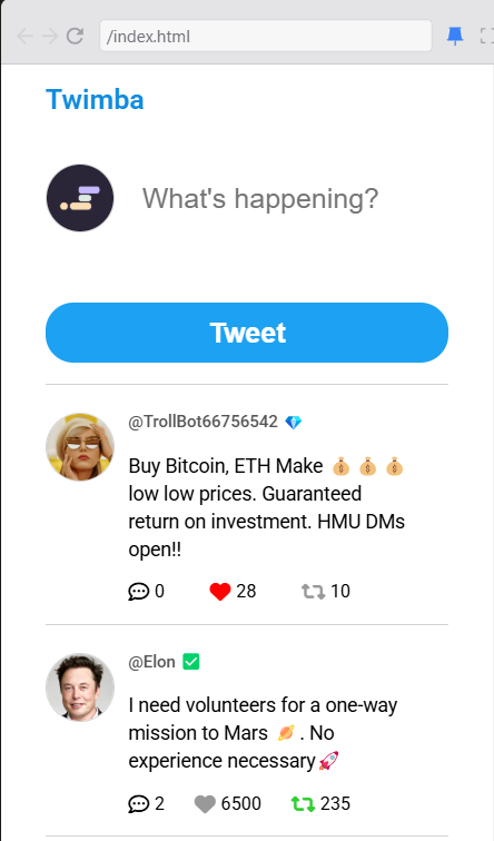 Day 22/90 - Building a Twitter Clone🐦  Today, I completed the 3rd chapter of the 'JavaScript Concepts Module' and explored more JavaScript concepts while working on a twitter clone - 'Twimba'. 
📷Check it out here: diondevs-twimba.netlify.app 
#100DaysOfCode #WebDev #CodingChallenge