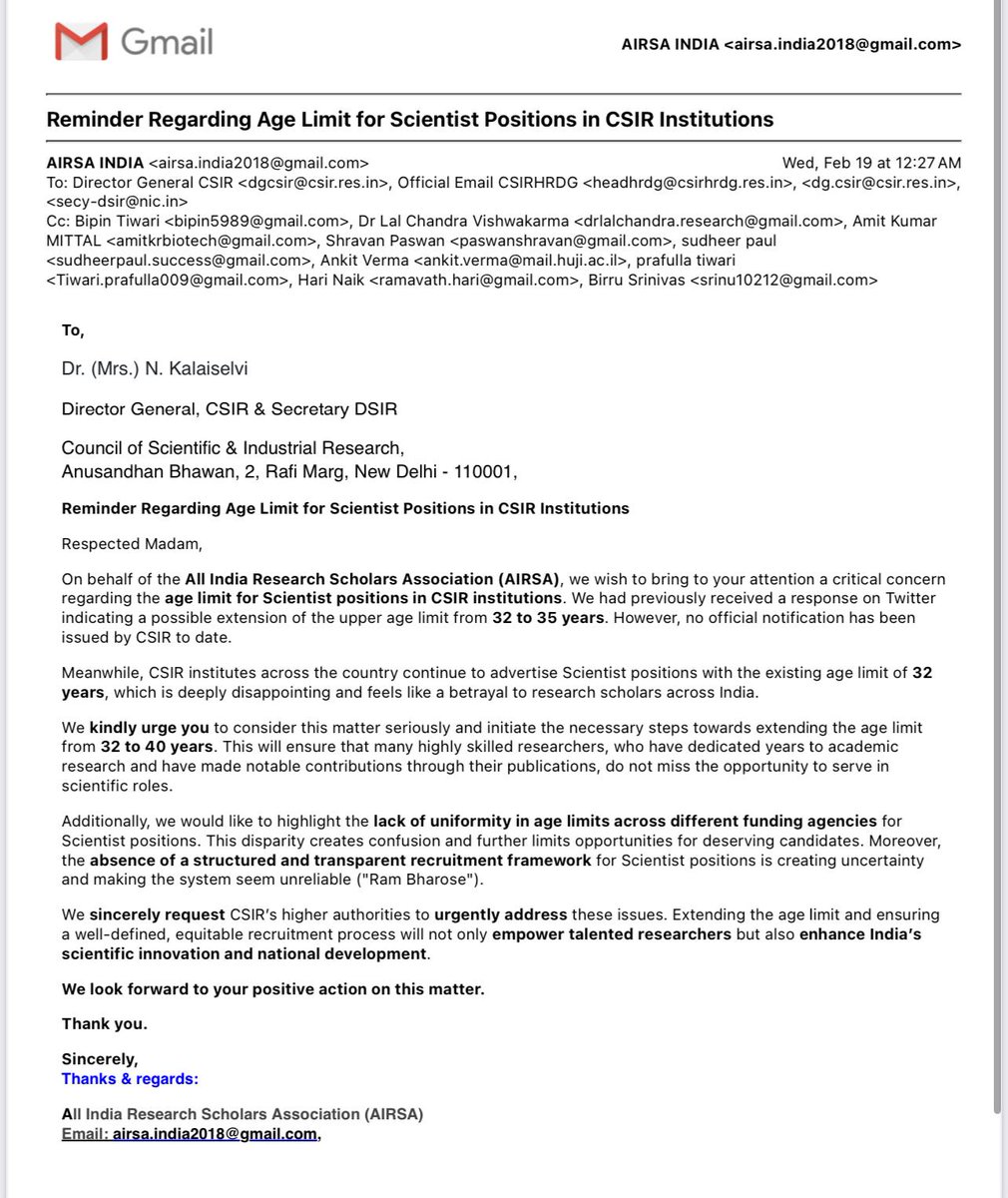 AIRSAIndia's tweet image. #AIRSA requests a 40year age limit extension
Request to @CSIR_IND higher authorities to implement the promised age limit extension as per your tweet.The delay is disappointing,while CSIR institutes continue advertising positions.Please don’t betray Indian scholars @DrNKalaiselvi