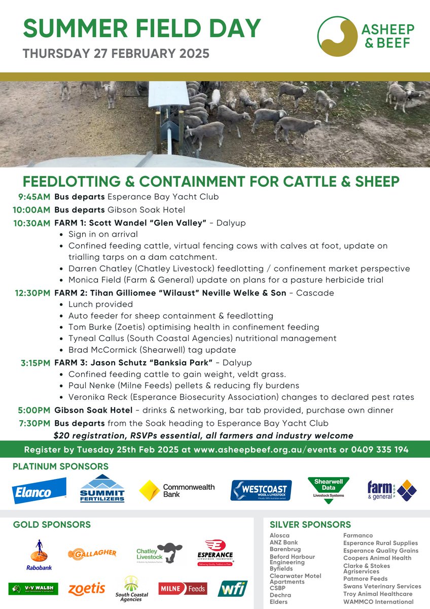 Here's the agenda for our feedlotting and confinement field day on 27th Feb! 🐑+🐮 All industry and farmers welcome. Registrations here: asheepbeef.org.au/events