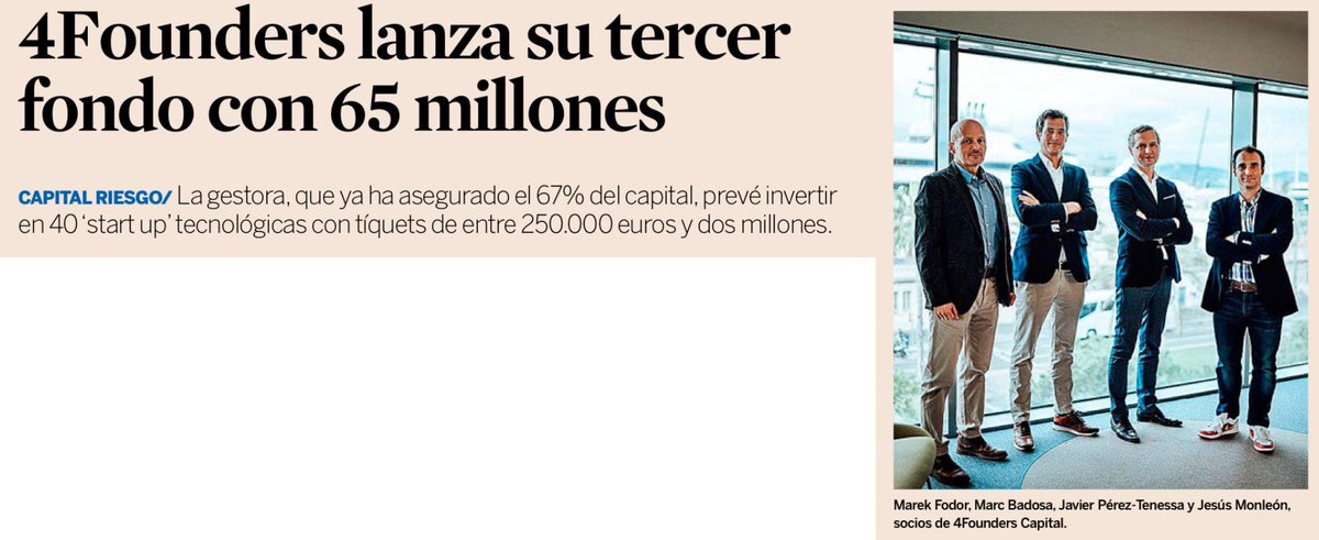 4Founders lanza su fondo III con tamaño objetivo €65M (€44M en primer cierre). 

Tesis: startups españolas con ambición global, claro enfoque en generación de Ebitda y elevado crecimiento de ingresos basado en la tecnología y el uso eficiente de capital.

(Vía <a href="/exp_catalunya/">Expansión Catalunya</a>)