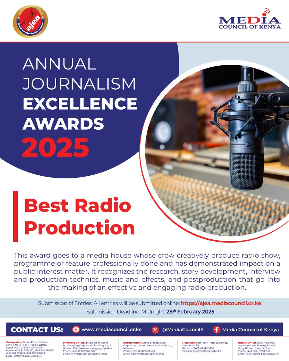 Do you produce radio that informs, engages and inspires? Win recognition for your hard work and dedication to quality radio. 

Submit your entry today: 

ajea.mediacouncil.or.ke 

#AJEA2025