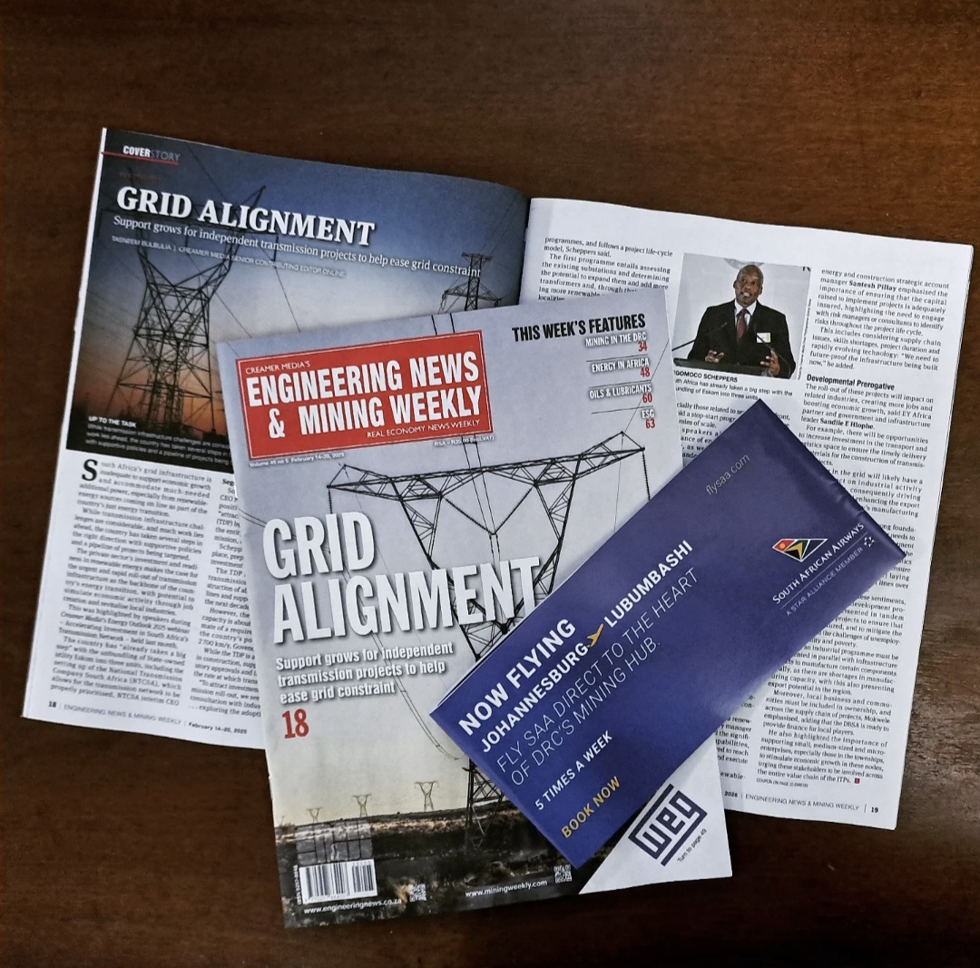 PolityZA's tweet image. 𝐆𝐑𝐈𝐃 𝐀𝐋𝐈𝐆𝐍𝐌𝐄𝐍𝐓: The Feb 14-20 edition of @EngNewsZA &amp;amp; @MiningWeekly covers support for independent power transmission, mining in the DRC, energy in Africa, oils &amp;amp; lubricants, and ESG. 

#EngineeringNews #MiningWeekly #PowerDistribution #Electricity