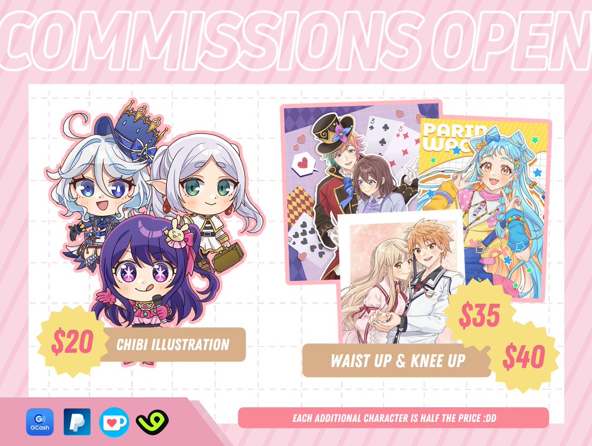 hello👋 opening ‼️ emergency art c0mmissions ✏️‼️trying to make a bit of money bc my twin got robbed and I'd like to help her get a phone + related payments 😭😭🙏🙏

🎀 dm for details / ko-fi &amp; vgen link below 👇
🎀 rts are very much appreciated