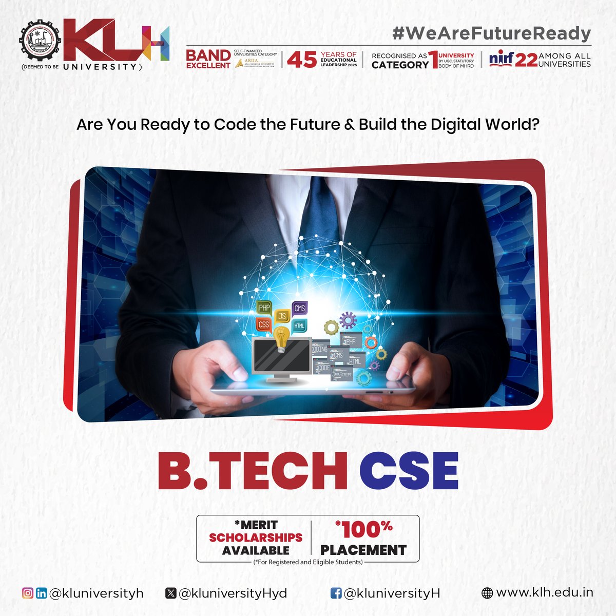 klhuniversity's tweet image. The BTech in Computer Science and Engineering (CSE) is a 4-year undergraduate program that focuses on developing skills in computer systems, software development, and problem-solving. 
*100% Placement Assistance
(* For Registered and Eligible Students)
#KLuniversity #BtechCSE
