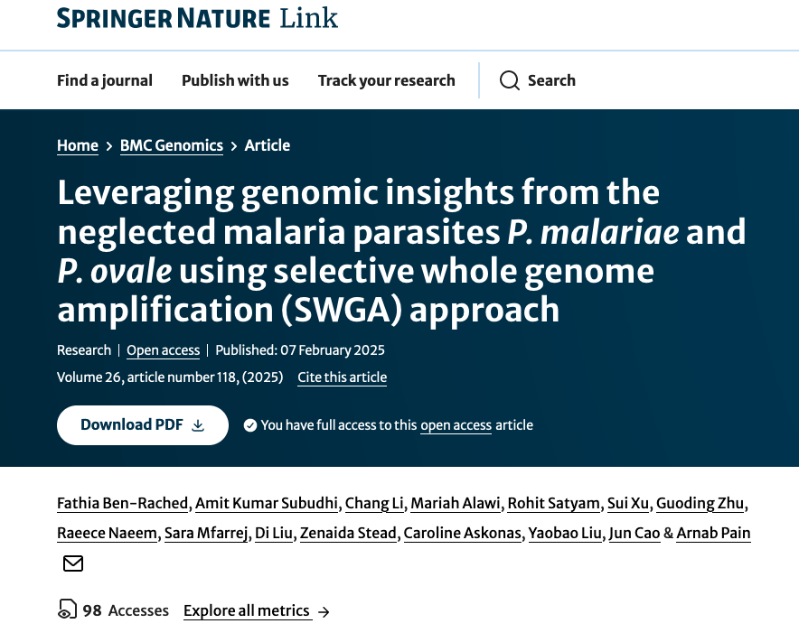 Pathogens@KAUST (@pathogenskaust1) on Twitter photo Our latest study, led by Fathia and Amit <a href="/amit_subudhi82/">Amit Kumar Subudhi</a> , introduces a selective whole genome amplification approach to specifically enrich P. malariae and P. ovale DNA. This approach will enhance your genomic analyses🔬🦠 tinyurl.com/547dfrdj Our latest study, led by Fathia and Amit <a href="/amit_subudhi82/">Amit Kumar Subudhi</a> , introduces a selective whole genome amplification approach to specifically enrich P. malariae and P. ovale DNA. This approach will enhance your genomic analyses🔬🦠 tinyurl.com/547dfrdj