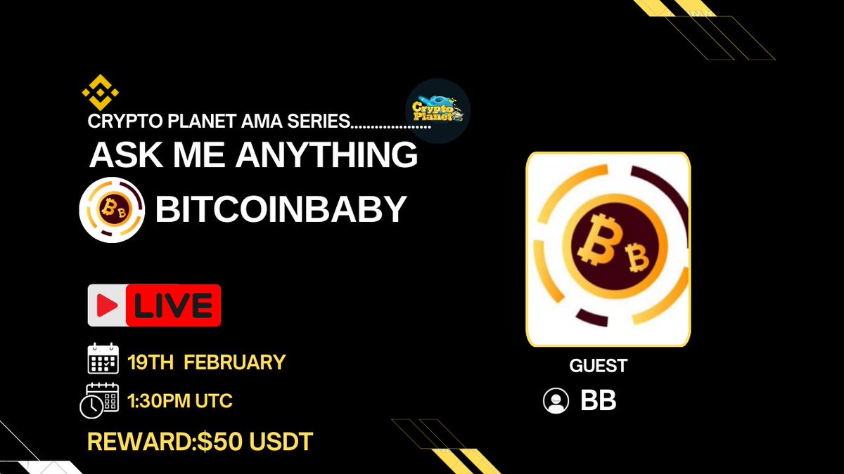 📢 We're thrilled to announce our next #BinanceLive #AMA with "BitcoinBaby" on 19th February at 1:30 PM UTC

🏦Venue:binance.com/en/live/u/4326…
🏆 Reward:50$ USDT

🔹 Pre-Sale Starts: February 19th Feb 1PM UTC (Only for a few hours!)
🔹 Listing on RAYDIUM: February 20th Feb 1PM UTC