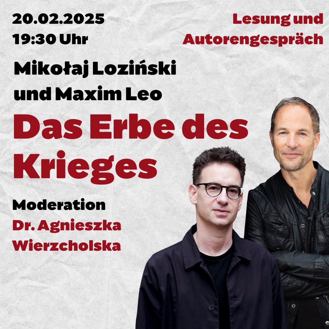 Mikołaj Loziński und Maxim Leo sprechen mit Dr. Agnieszka Wierzcholska über ihre Familiengeschichten. Im Mittelpunkt des Treffens stehen die Erinnerung, die Rolle des Kommunismus und die Auswirkungen des Kriegserbes auf die heutigen Generationen.

🔗 deutschpolnischeshaus.de/veranstaltunge…
