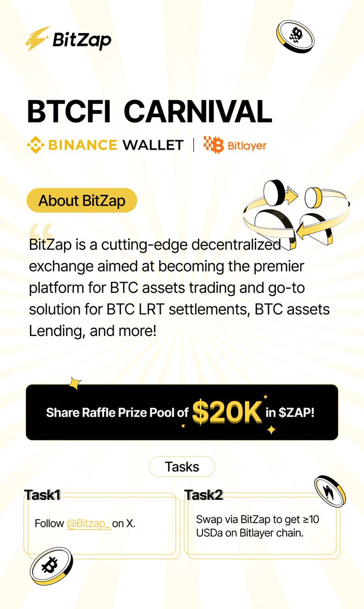 🌻Binance Wallet x Bitlayer BTCFI Carnival | Week 6 <a href="/BinanceWallet/">Binance Wallet</a>

BitZap-A Cutting-Edge Decentralized Exchange

Complete tasks to claim your rewards:

1⃣Follow <a href="/Bitzap_/">BitZap</a> on X
2⃣Swap USDT via BitZap to get ≥10 USDa on Bitlayer chain, share a raffle prize pool of $20,000 in $ZAP